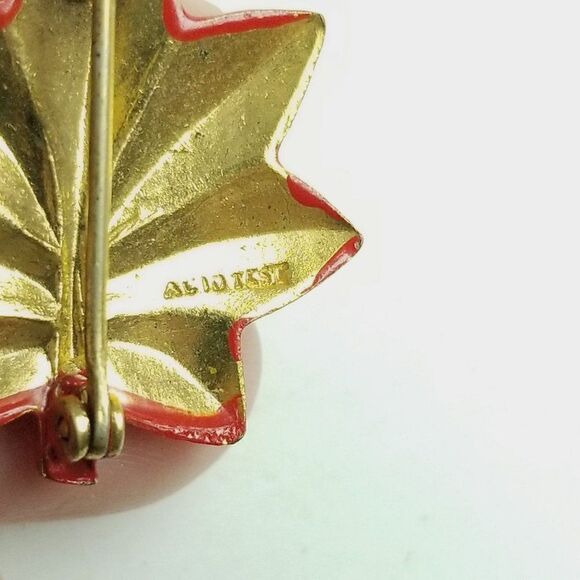 Vintage Red Enamel Leaf Shape Brooch, Stamped All In Jest on Back, Lapel Pin - Picture 4 of 7